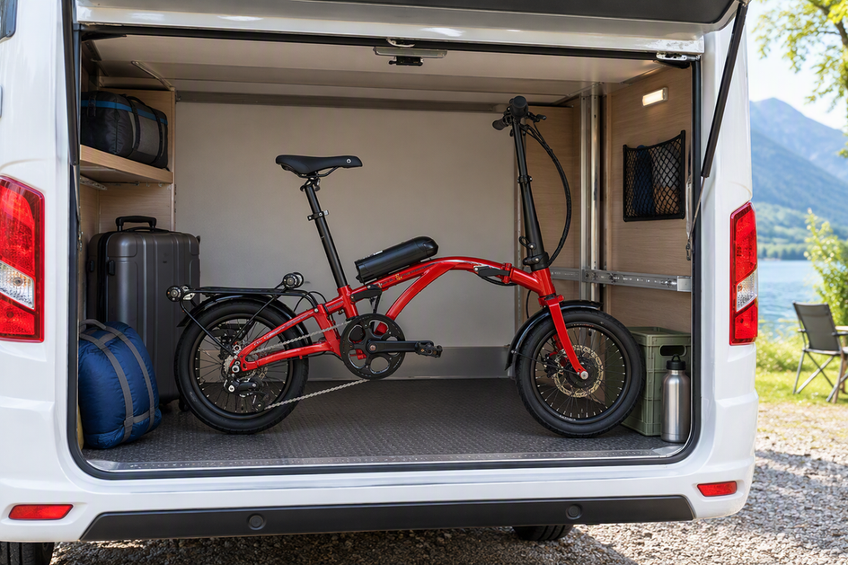 Elektrisches Faltrad steht gefaltet und gesichert in der Heckgarage eines Wohnmobils.