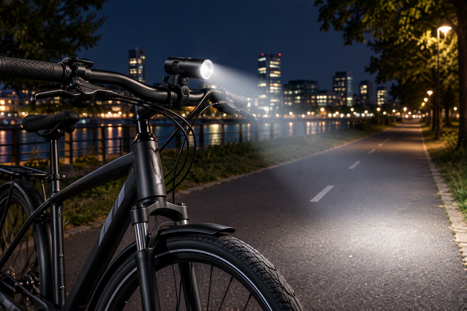 Fahrrad-Frontscheinwerfer leuchtet auf einem Urban Bike blendfrei einen dunklen Radweg aus.
