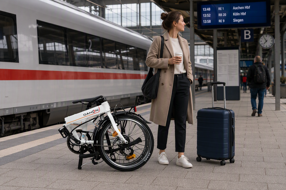 Gefaltetes Faltrad neben einer Pendlerin an einem Bahnsteig, bereit für den Transport.