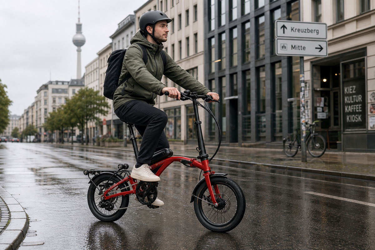 Faltbares E-Bike mit Fahrer auf einer nassen Stadtstraße, beide Hände an den Bremshebeln.