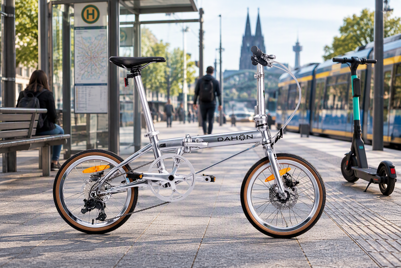 DAHON K9 Faltrad neben einem abgestellten Sharing-E-Scooter an einer Haltestelle im deutschen Stadtverkehr