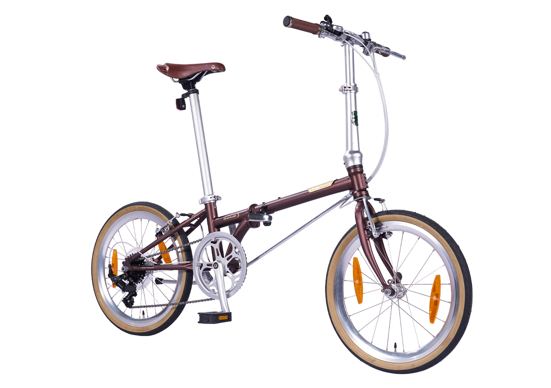 Boardwalk D7 folding bicycle in metallic bronze, featuring a brown leather seat and tan tires, showcasing product appearance.