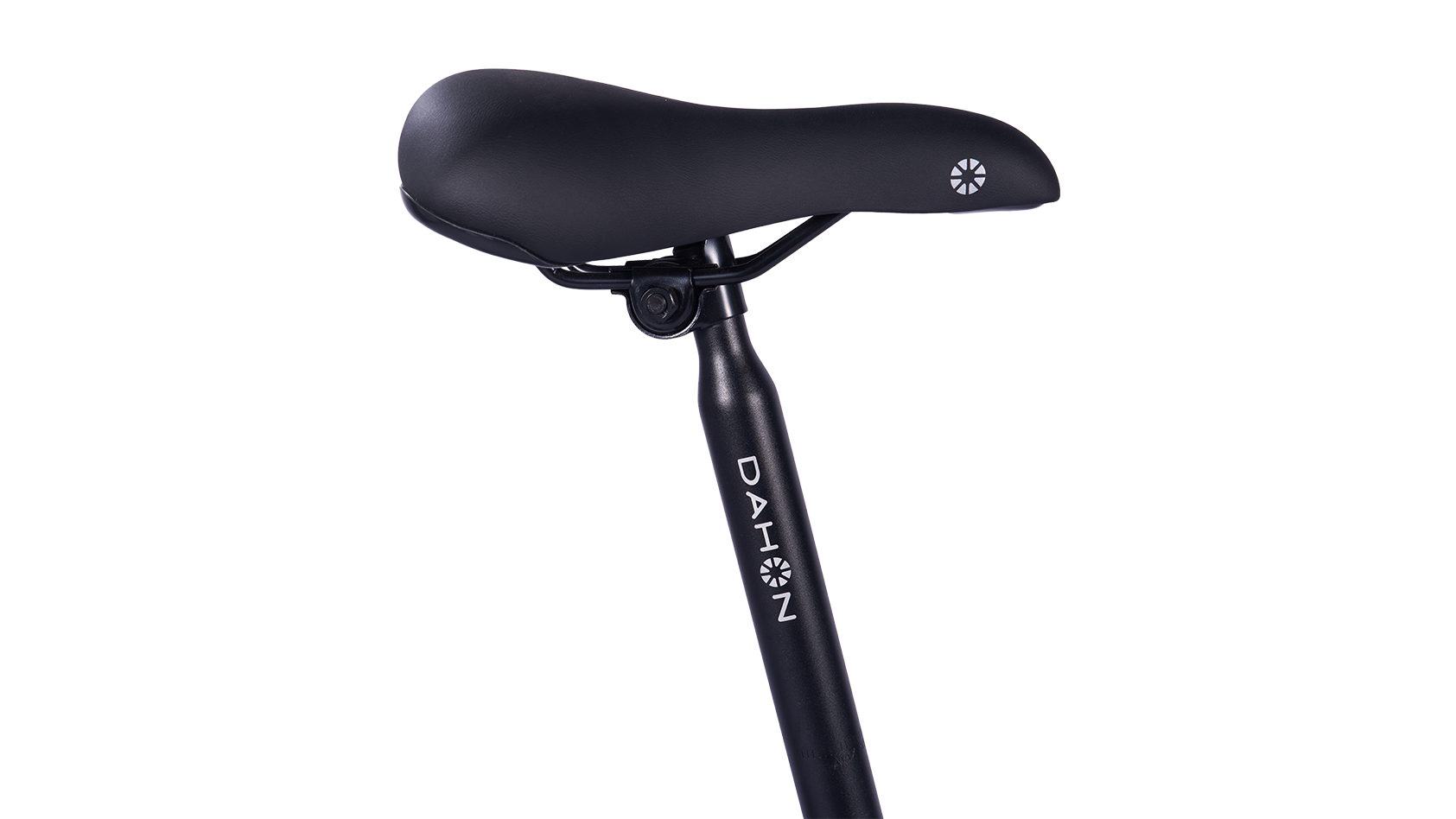 Black Dahon HIT i3 folding bike saddle and seat post with DAHON logo, perfect for urban commutes.