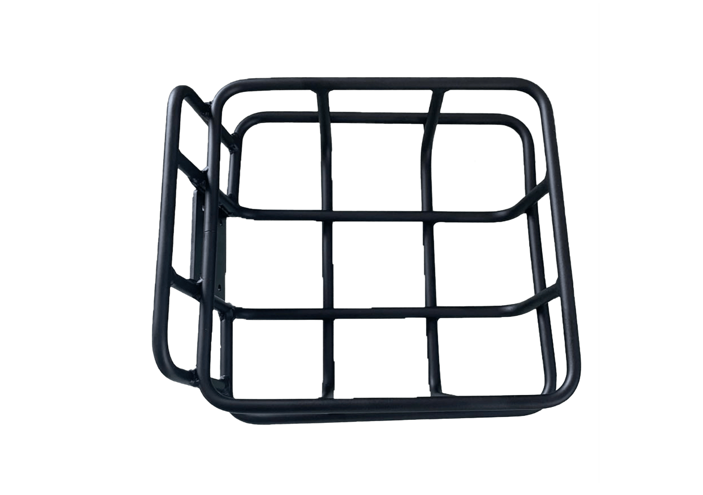 Black aluminum cargo basket with a sturdy grid design and mounting brackets for bicycles.