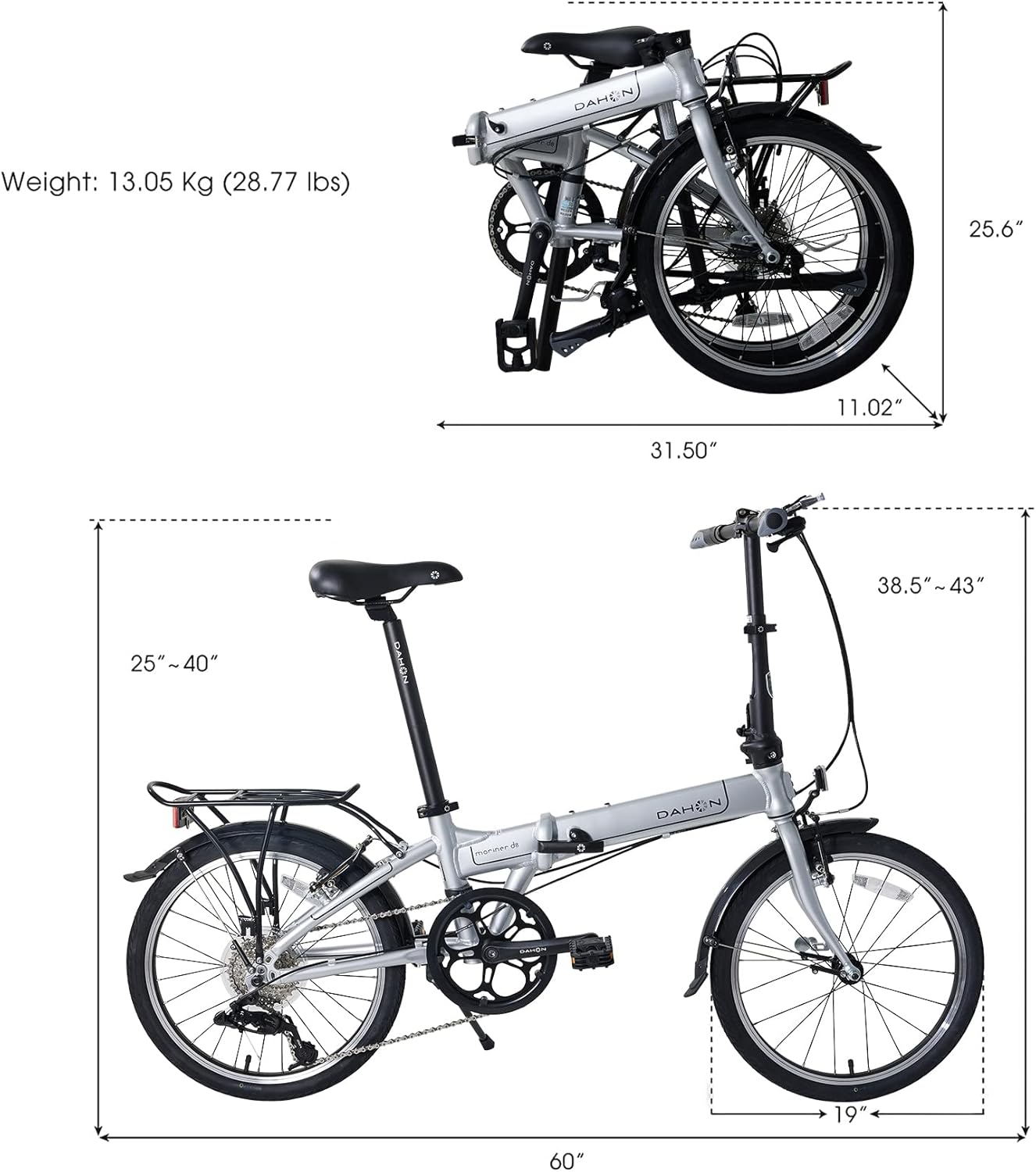 DAHON Mariner D8 silver folding bike unfolded/folded. Dimensions 60"Lx38.5"-43"H; Folded 31.50"Lx25.6"H. Weight 13.05 Kg.