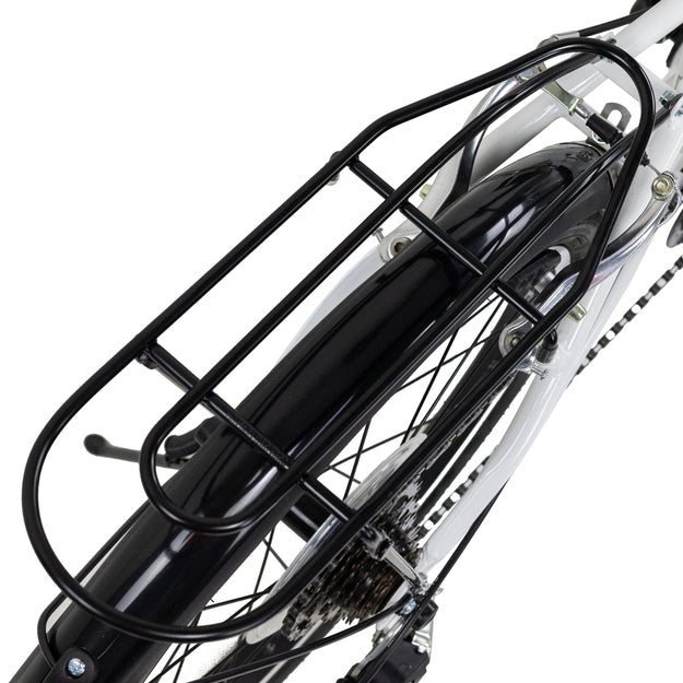 DAHON Dream D6 white folding bike black rear rack and fender close-up.