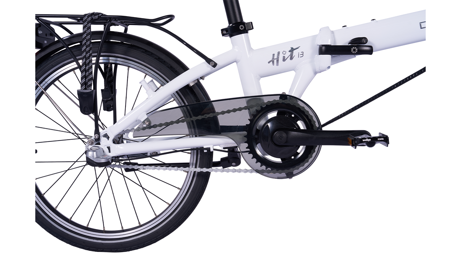 White Dahon HIT i3 folding bike drivetrain, crankset, pedals, chain, and rear wheel with fender and rack.