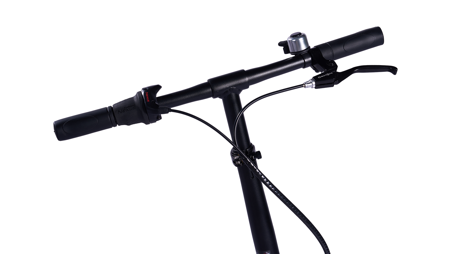 Dahon HIT i3 folding bike black handlebars with silver bell, grip shifter, and brake levers for urban rides.