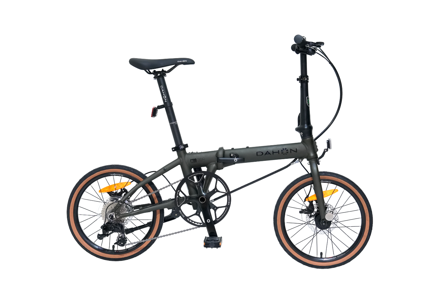DAHON K9 Faltrad, schwarzer Rahmen mit braunen Reifen, kompaktes Design für urbane Mobilität