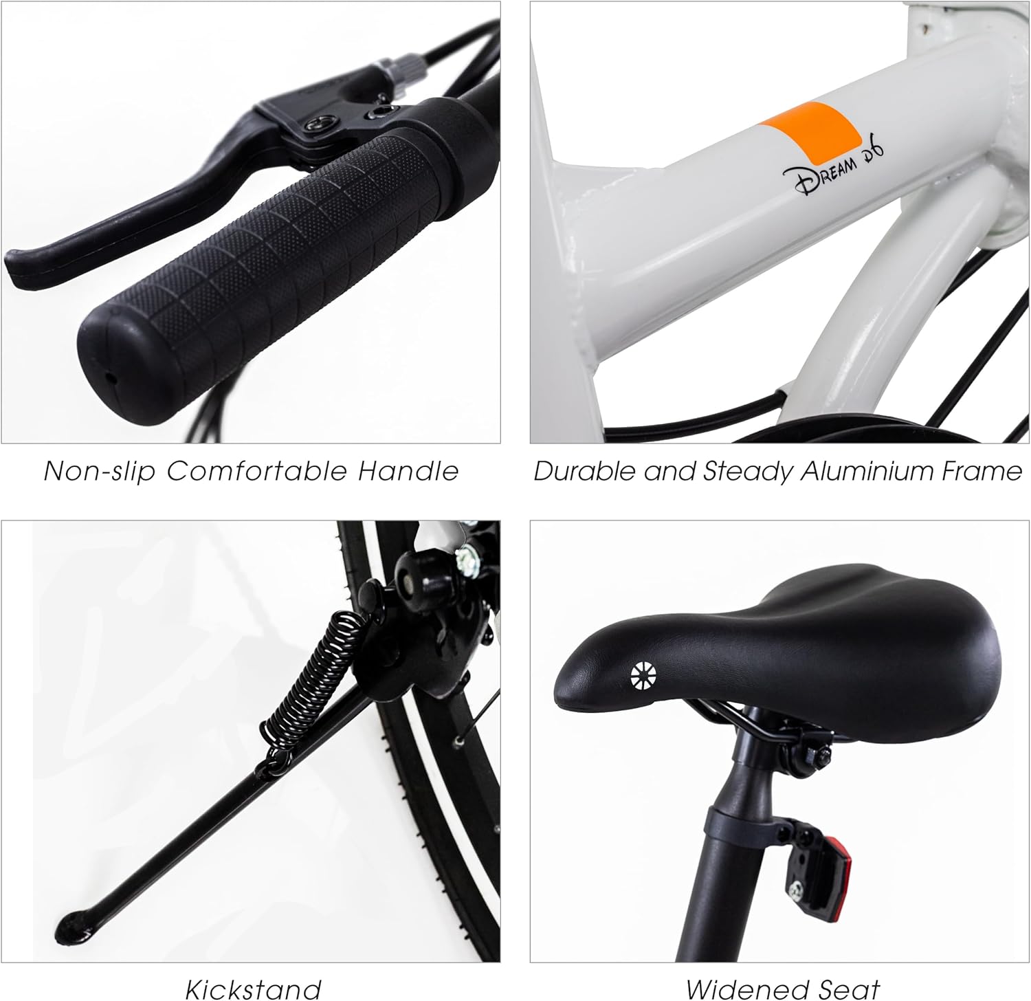 DAHON Dream D6 folding bike features: non-slip handle, aluminum frame, kickstand, widened seat.