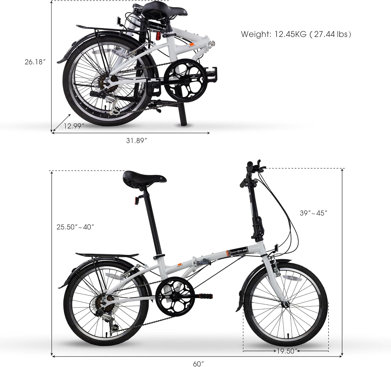 White DAHON Dream D6 folding bike dimensions and weight. Shown folded and unfolded.