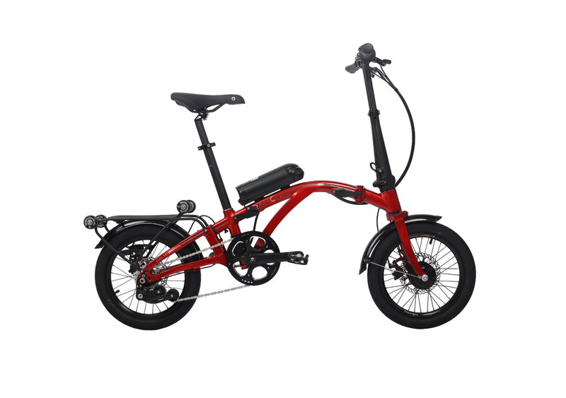 DAHON Curl Ei4 red electric trifold bicycle with black accents and rear rack.