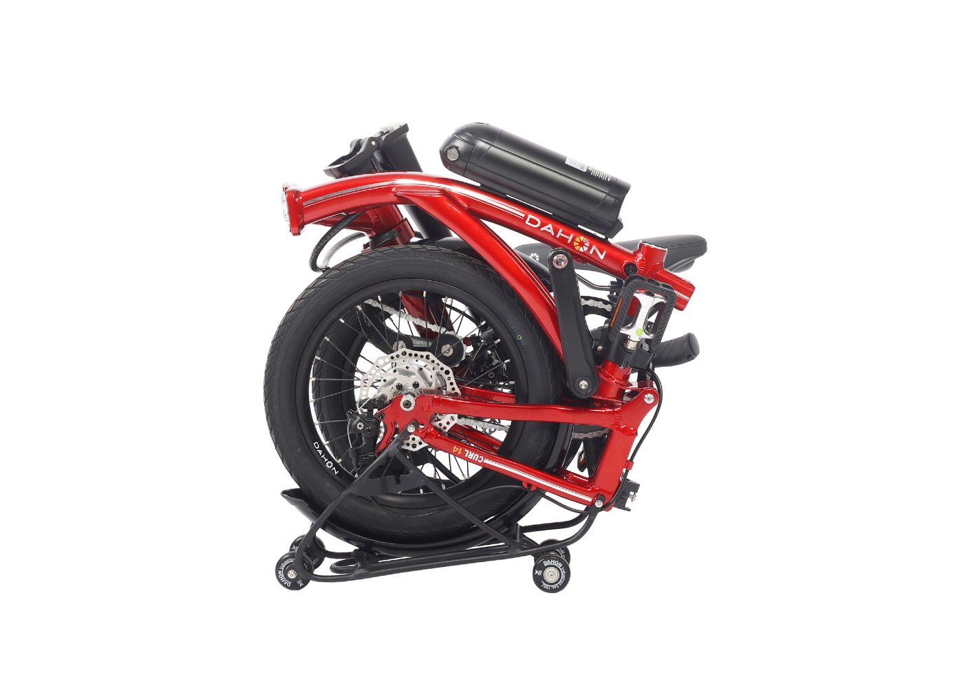 Compact red Dahon electric trifold bicycle folded with black accents, showcasing its compact design.