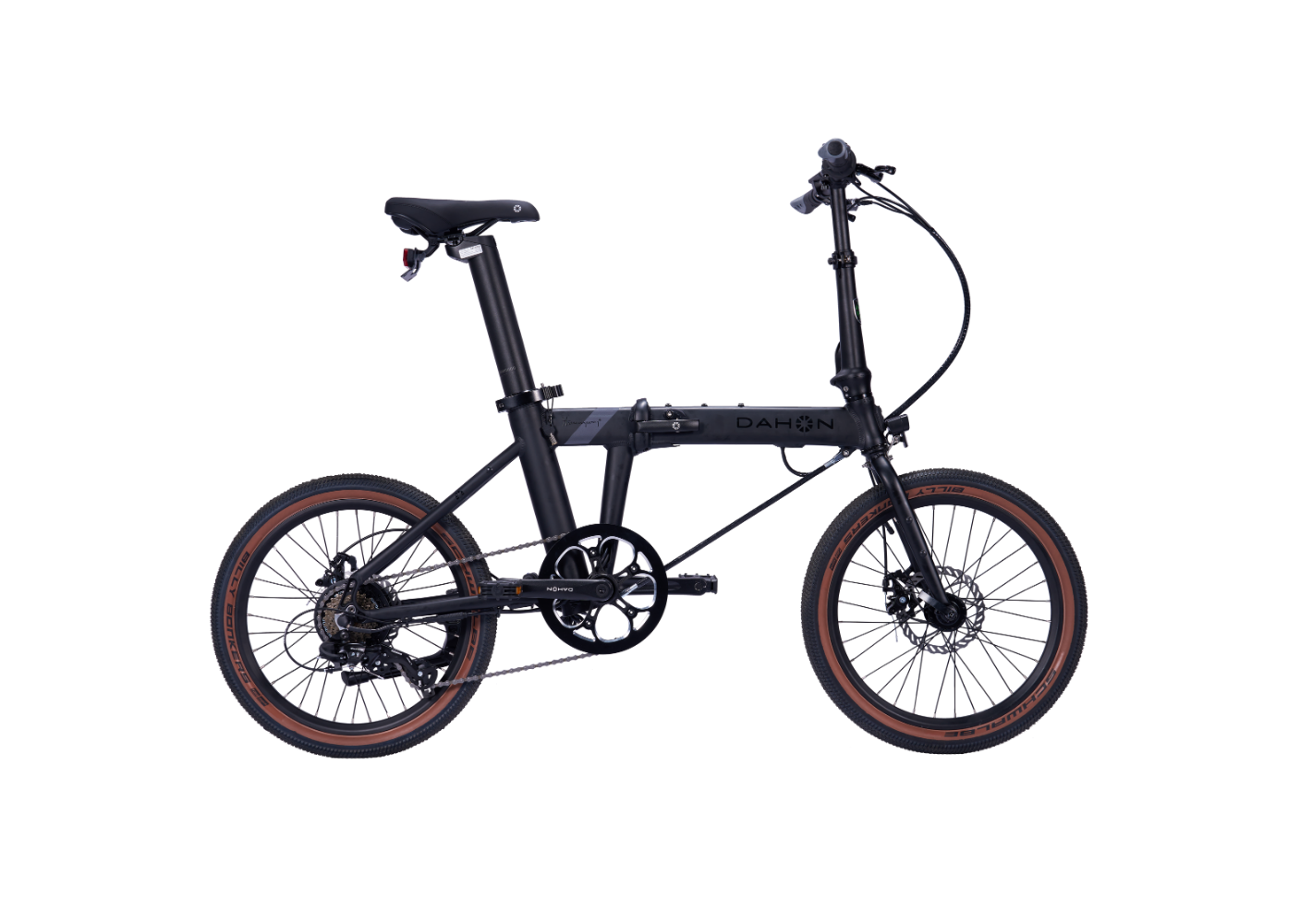 Matte black DAHON foldable electric SUV bike with aluminum frame and brown-rimmed tires.