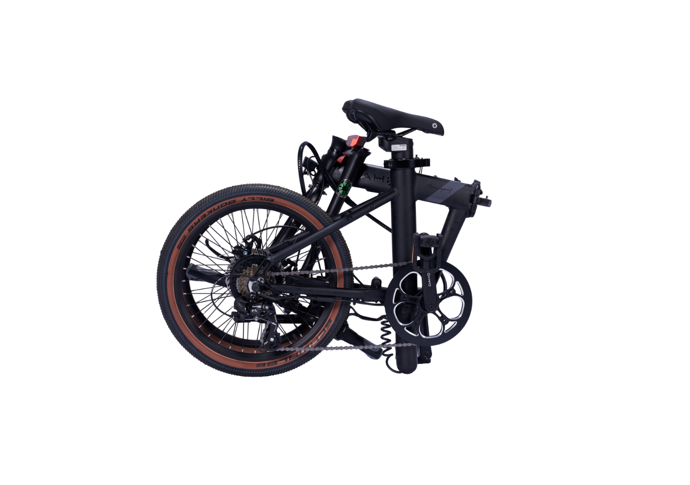 Matte black E-Hemingway foldable electric SUV bike folded for portability, showing aluminum frame and brown-sidewall tires.