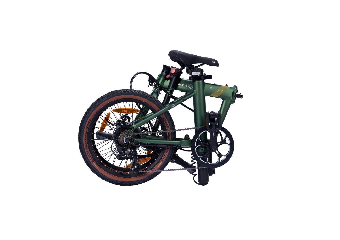 Folded dark green E-Hemingway electric SUV bike with brown-rimmed tires, for urban portability.