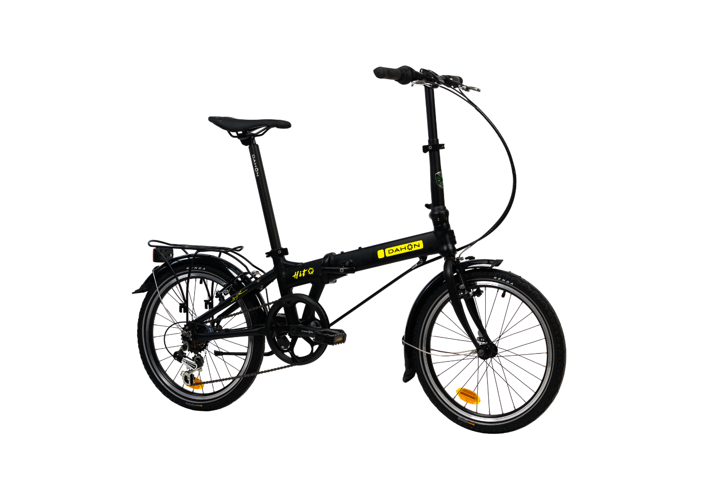 Black Dahon HIT D6 folding bike, yellow accents, rear rack, fenders, small wheels. Product appearance.