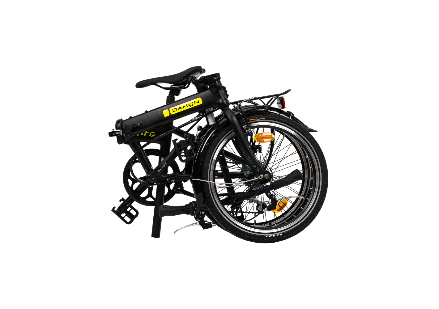 Black Dahon Hit folding bike with yellow logo, rear rack, fenders, and silver rims on white background, product page.