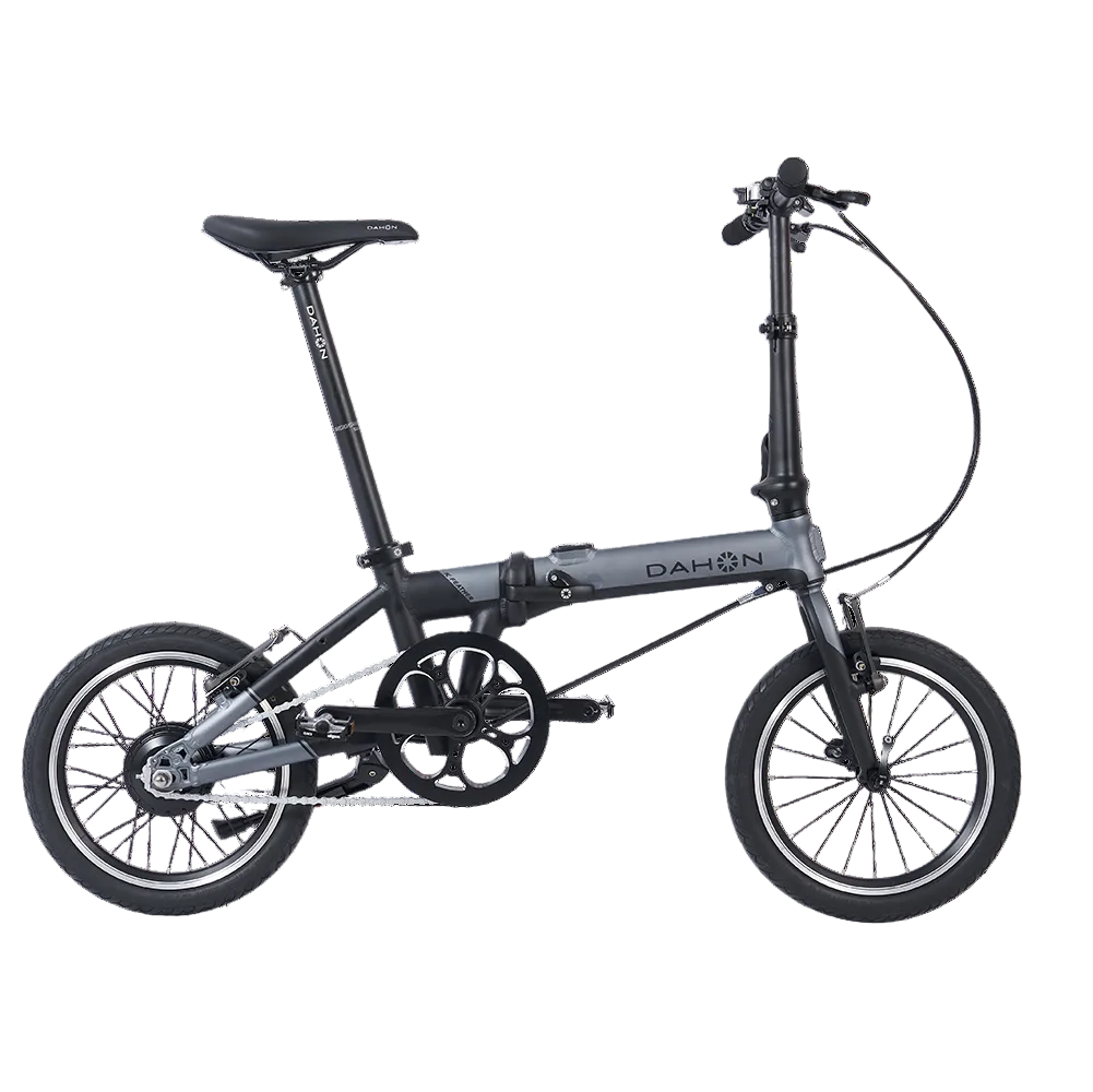 Dark gray Dahon K-Feather folding e-bike showcasing its compact design, ideal for urban commuting.