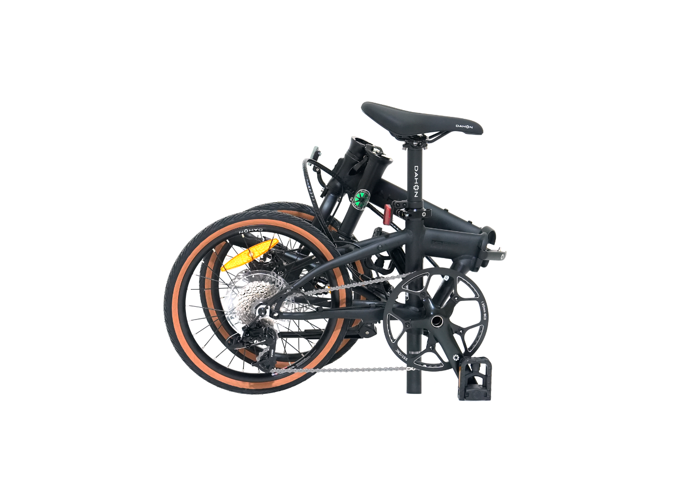 Schwarzes Dahon K9 Faltrad mit 20-Zoll-Reifen mit brauner Seitenwand und kompaktem gefaltetem Rahmen