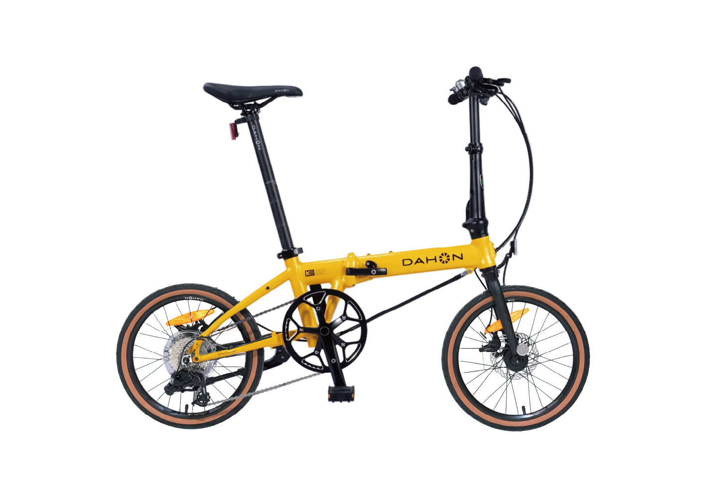 Gelb-schwarzes DAHON K9 Faltrad mit 20-Zoll-Laufrädern und Scheibenbremsen