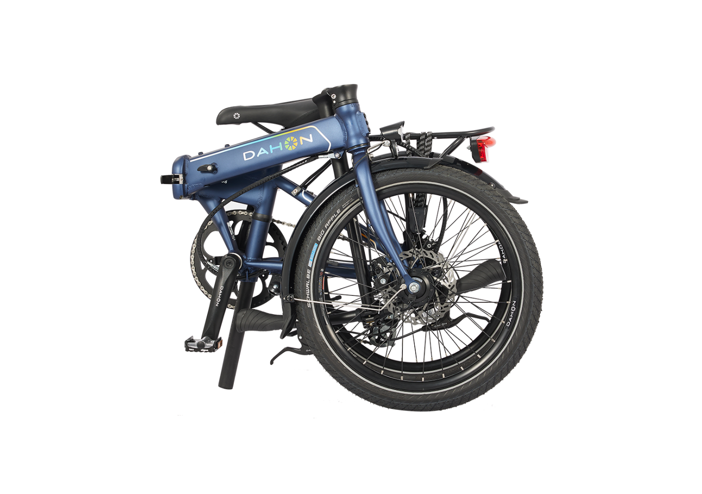 Navy blue Dahon Launch D8 folding bicycle with disc brakes and rear rack, folded for storage.