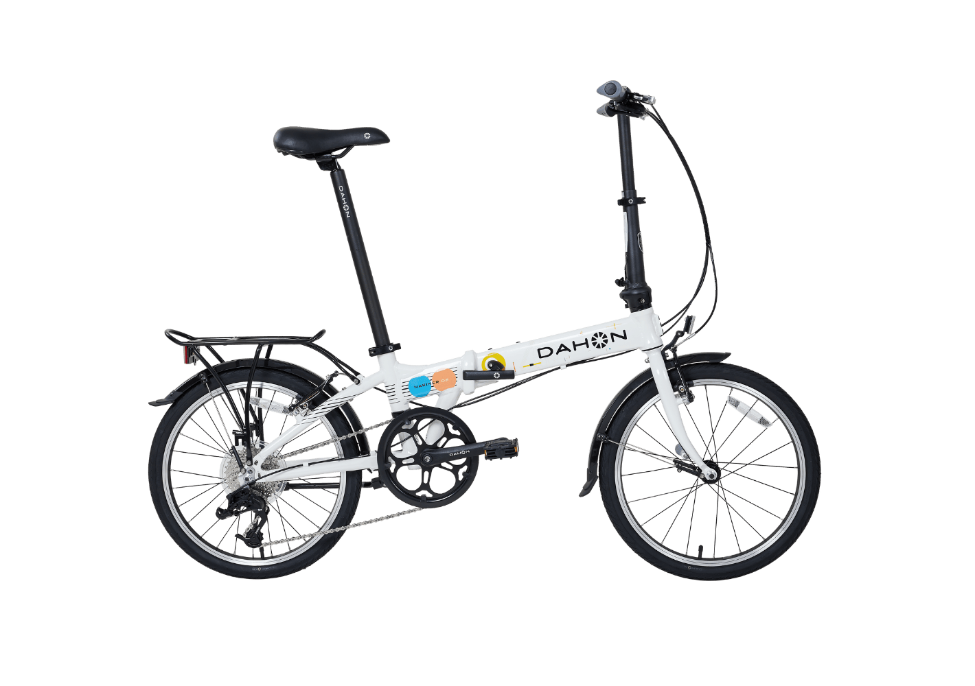 White DAHON Mariner D8 folding bike with rear rack and fenders, showcasing product appearance on a green background.
