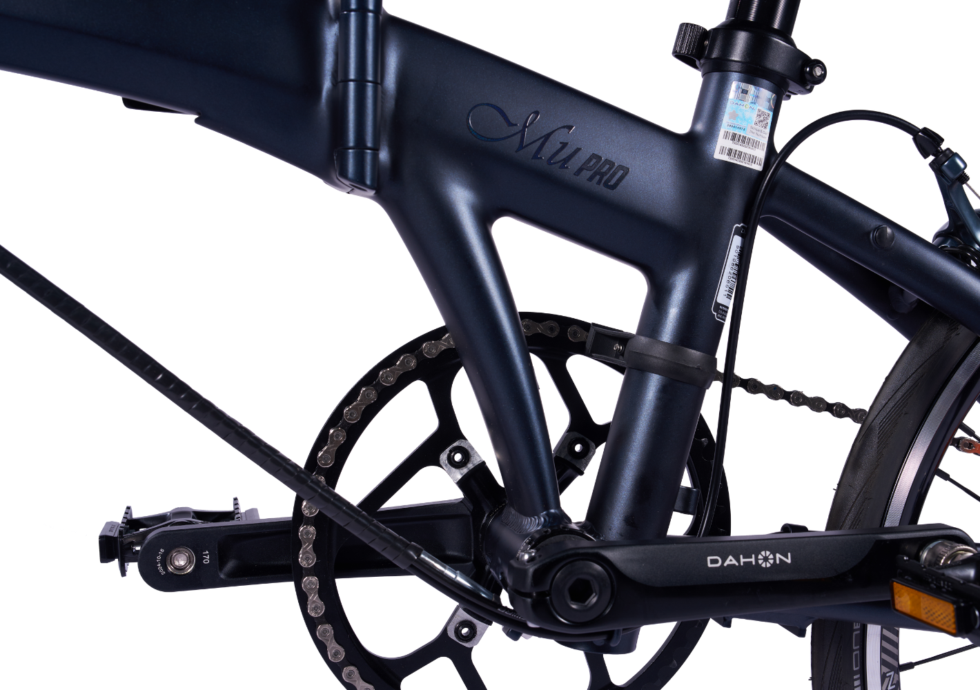 Dahon Mu Pro dark blue folding bike frame with DAHON crankset, chainring, and rear wheel.