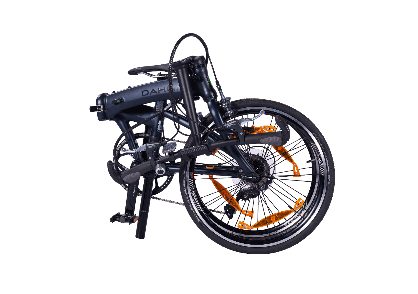 Dahon Mu Pro dark gray folding bicycle with matte finish, orange reflectors, folded frame.
