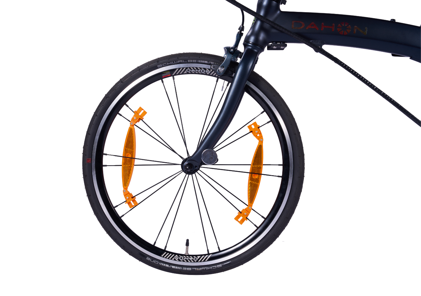 Dahon Mu Pro folding bike front wheel, dark gray frame, orange spoke reflectors, Schwalbe tire.
