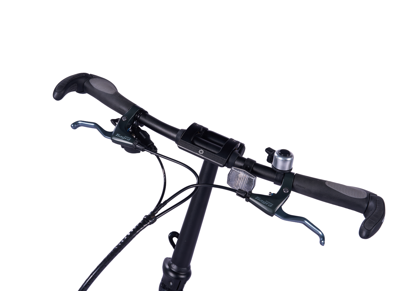 Mu Pro folding bicycle handlebars with grey grips, silver bell, and Shimano Tiagra brake levers. Detail view.