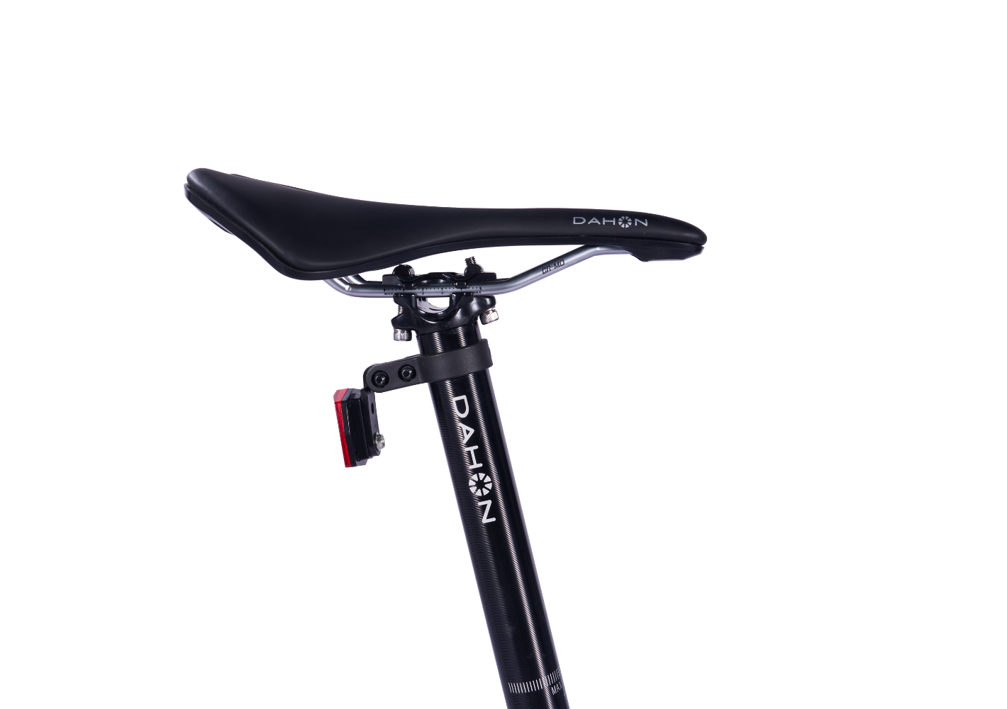 Dahon Mu Pro black bicycle saddle with red taillight attached to seat post. Detail view of accessories.