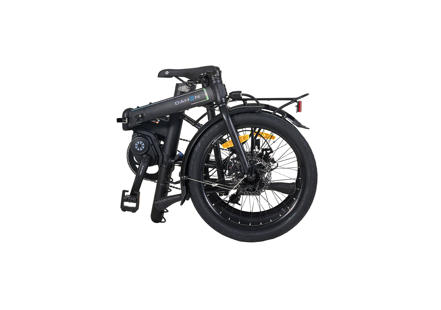 Folded black DAHON Unio E20 electric bike with mid-drive motor, showing compact portability.