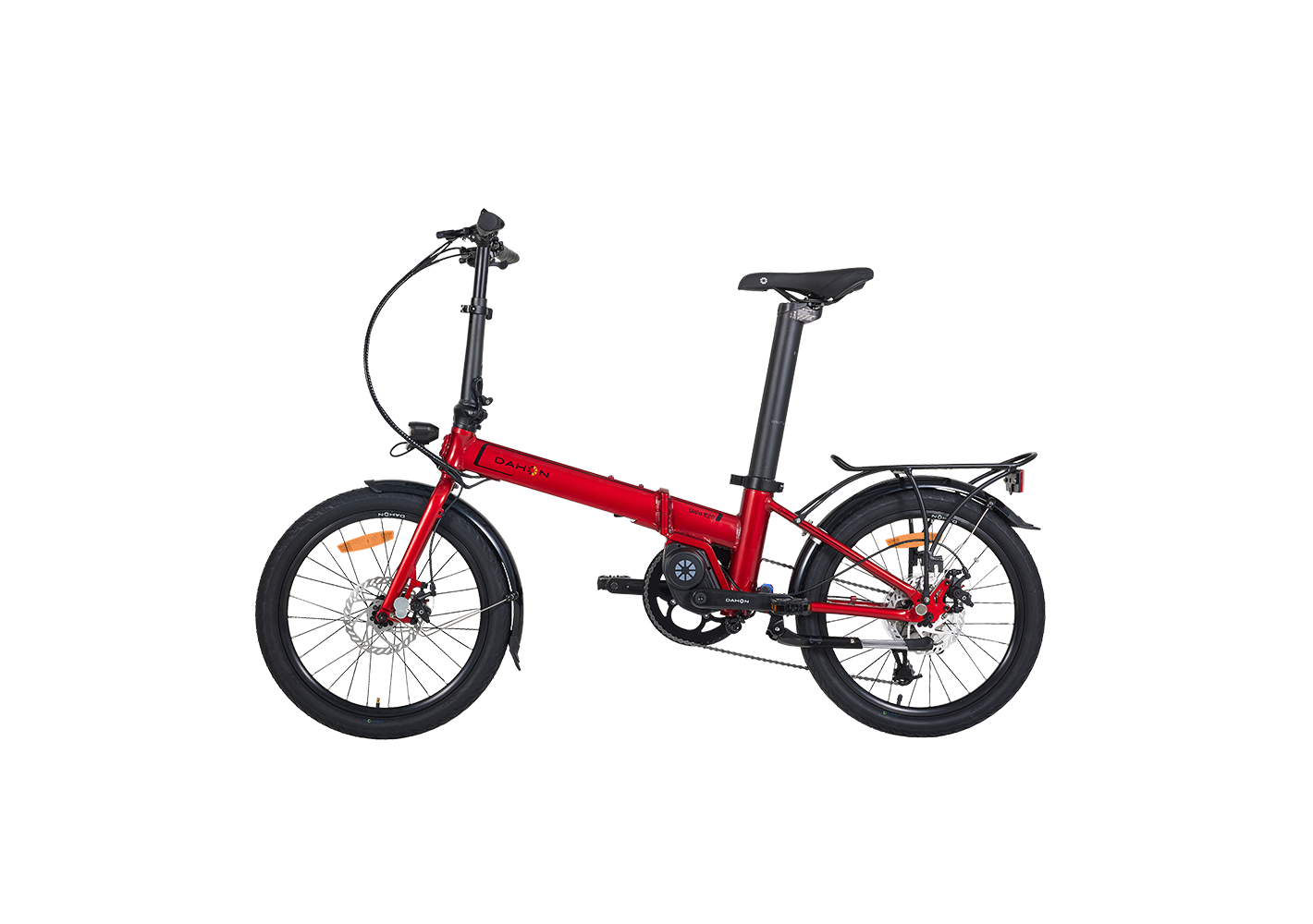 Red DAHON Unio E20 foldable electric bike with mid-drive motor and rear rack, showcasing overall design.