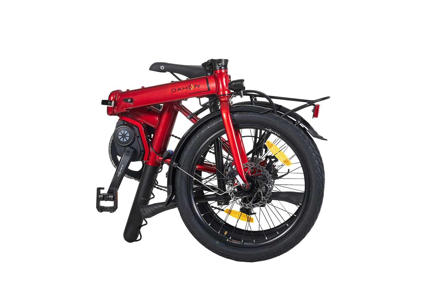 Red DAHON Unio E20 foldable electric bike folded, showcasing compact design with mid-drive motor and rear rack.