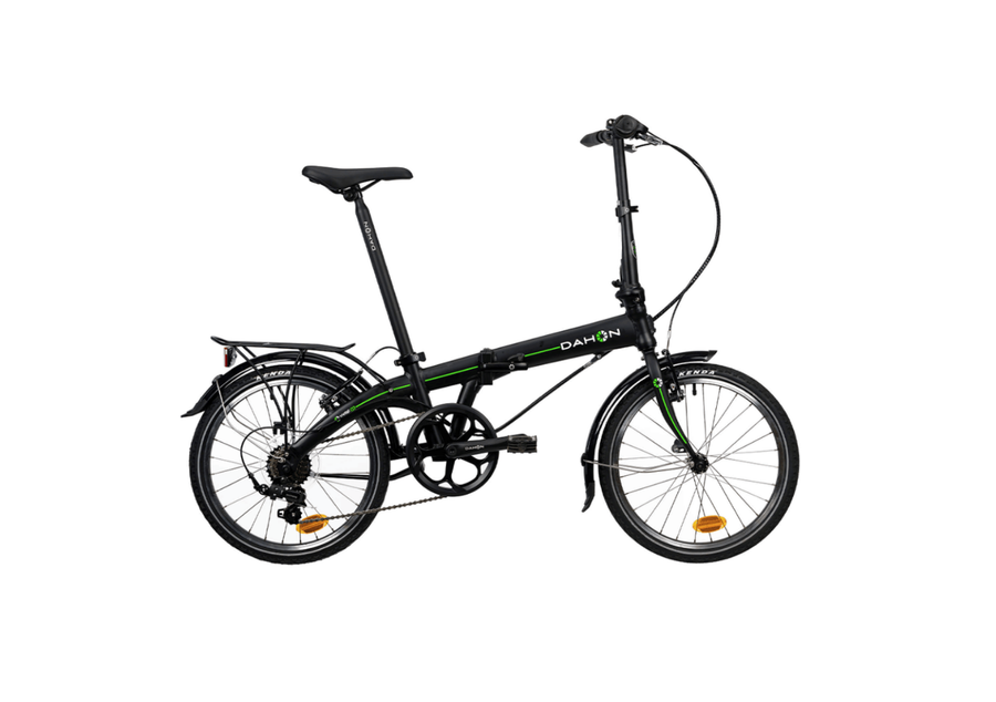 Black Dahon Vybe D7 folding bicycle with green accents, rear rack, fenders, and Kenda tires, showcasing product appearance.