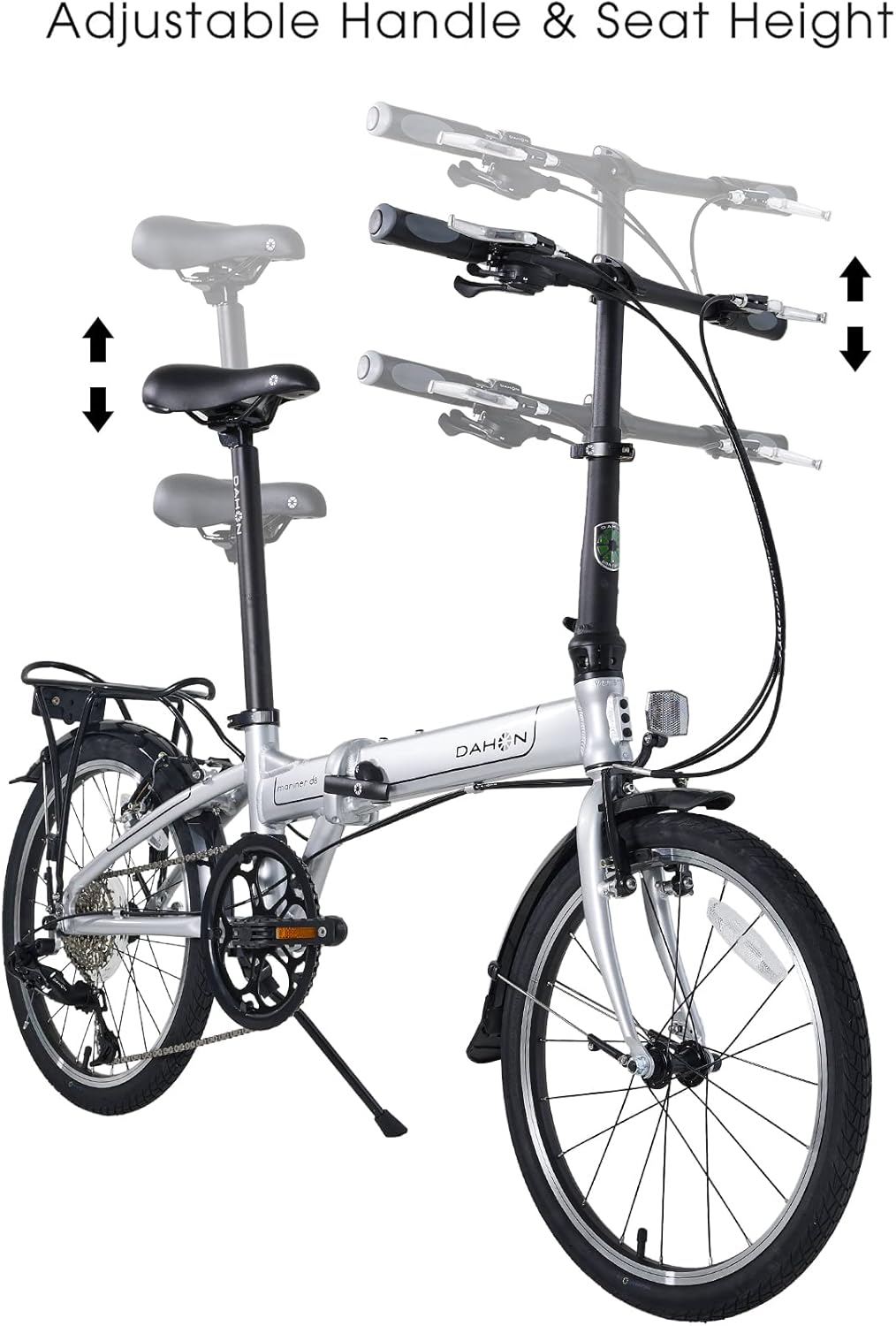 Silver DAHON Mariner D8 folding bike with ghosted indicators for adjustable seat and handlebar height.