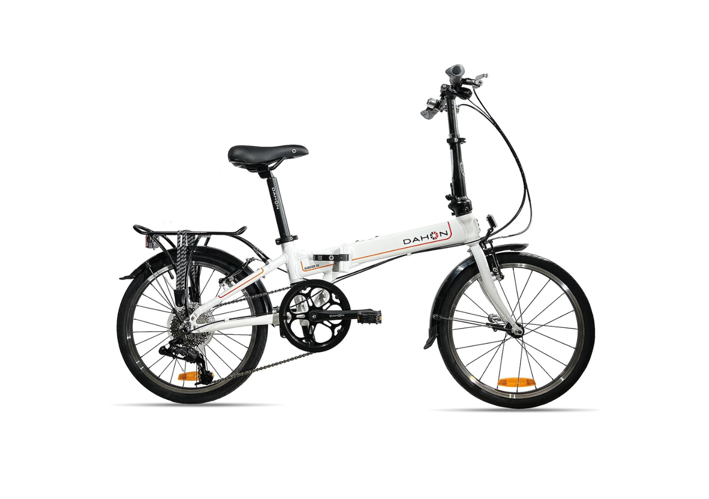 White DAHON Mariner D8 folding bike with Kenda tires, fenders, and rear rack, white background.