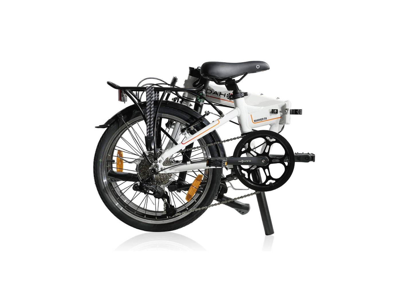 White DAHON Mariner D8 folding bike, partially folded, featuring Kenda tires and rear rack.