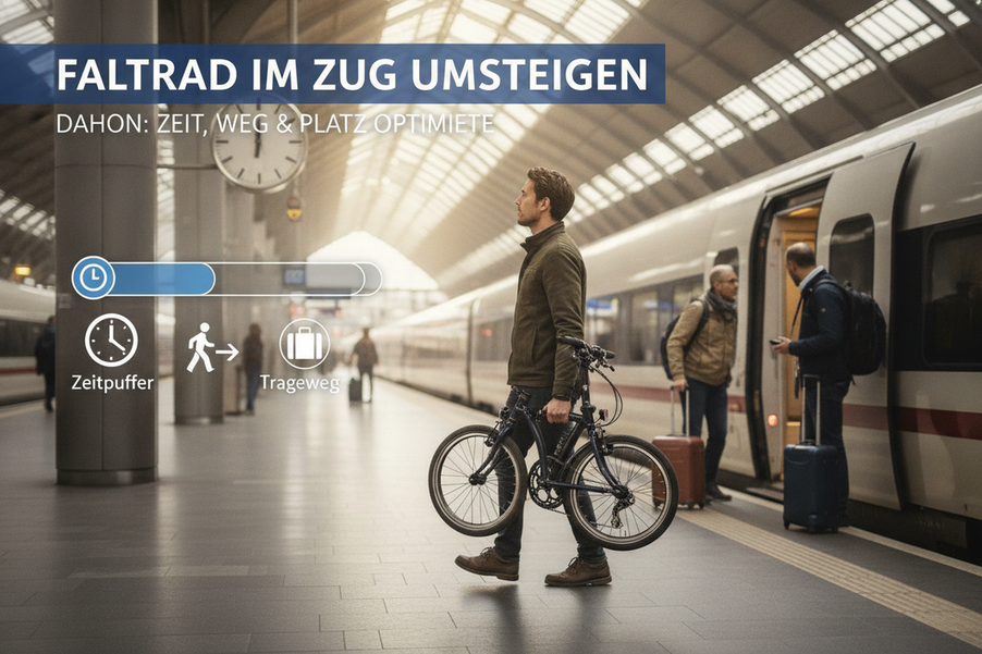 Faltrad im Zug umsteigen Zeitpuffer, Trageweg und Verstauung