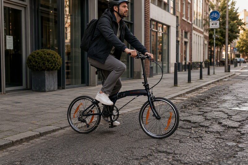 Klapprad auf einem gemischten Stadtweg mit glattem und unebenem Asphalt