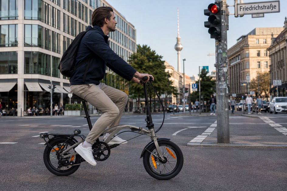 E-Faltrad im urbanen Stadtverkehr an einer Kreuzung bei Tageslicht