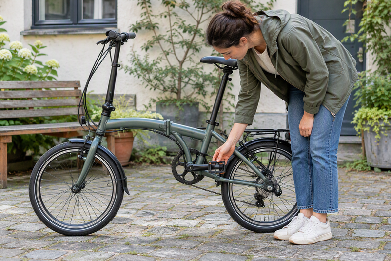 Faltpedal an einem Klapprad, das eine fahrende Person wegen eines ungewöhnlichen Knackgeräuschs prüft