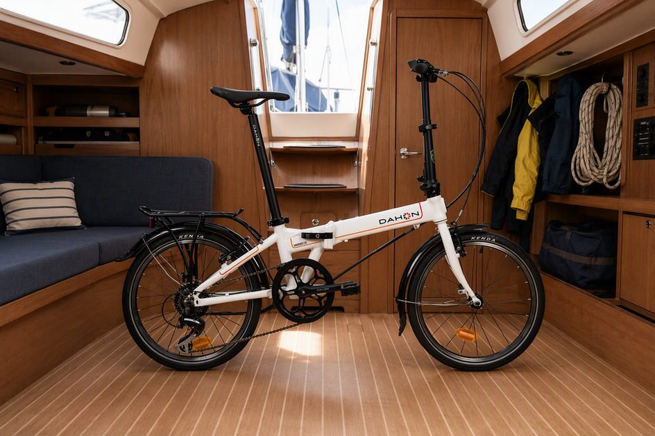 DAHON Mariner D8 als vollständiges Faltrad in einer hellen, geschützten Bootskabine neben trockenem Stauraum.