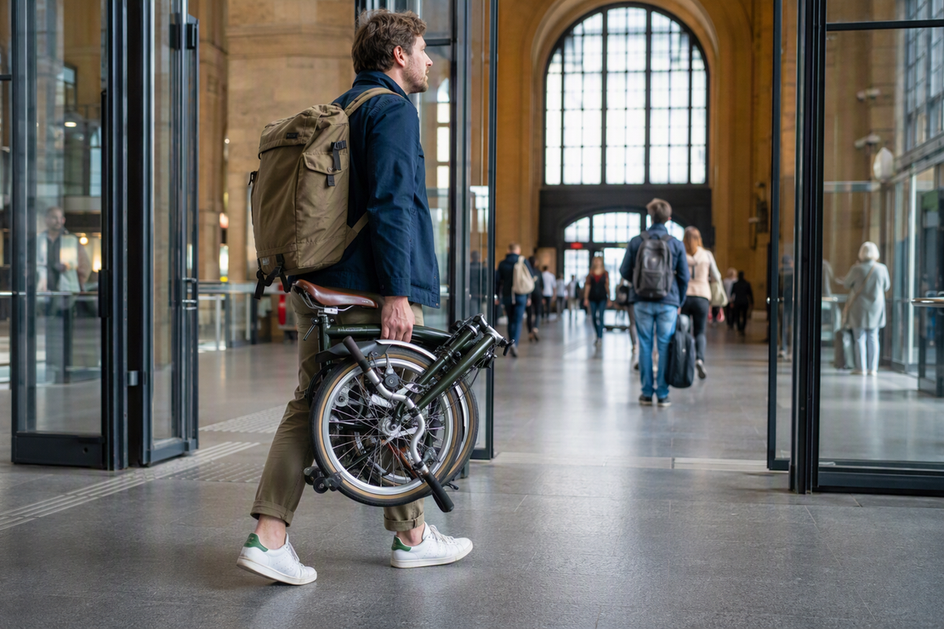Person trägt ein zusammengeklapptes Faltrad durch den Eingangsbereich eines Bahnhofs.