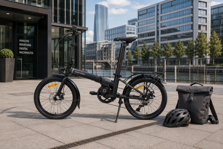 Faltbares E-Bike in einer urbanen Pendlerumgebung neben einer Arbeitstasche und einem Fahrradhelm.