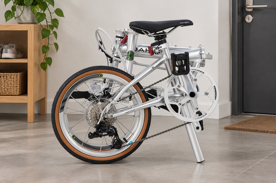 DAHON K9 Faltrad in kompakter Faltstellung auf ebenem Untergrund, mit sichtbarer Kette und hinterem Schaltwerk