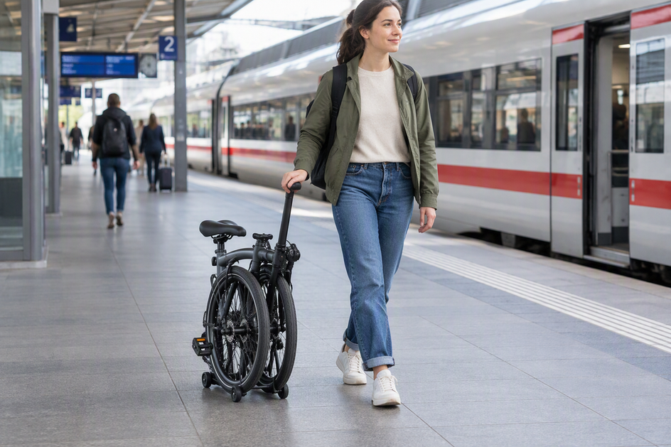 Gefaltetes Faltrad wird auf einem ebenen Bahnsteig kontrolliert am Griff geschoben.