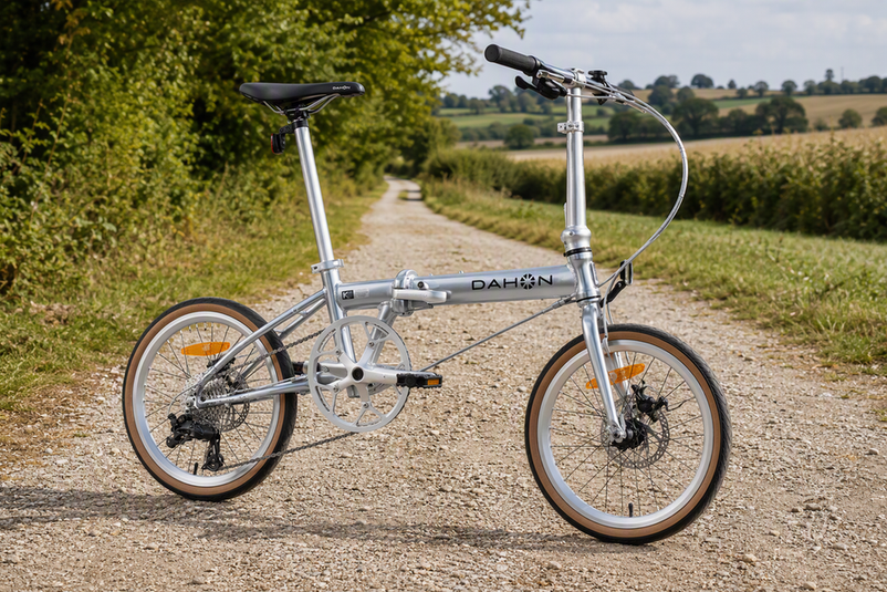 DAHON-Faltrad auf einem festen Schotterweg in einer ländlichen Umgebung, vollständig aufgeklappt und fahrbereit