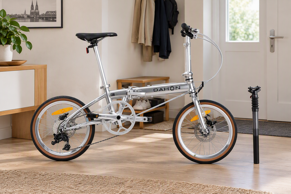 DAHON-K9-Faltrad mit abgesetzter gefederter Sattelstütze in einer häuslichen Alltagsszene